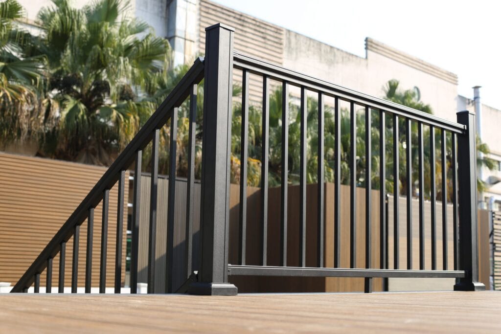 Aluminium railing on a deck stair