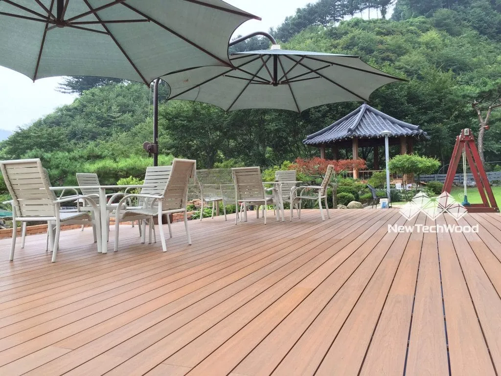Dining terrace under a market umbrella