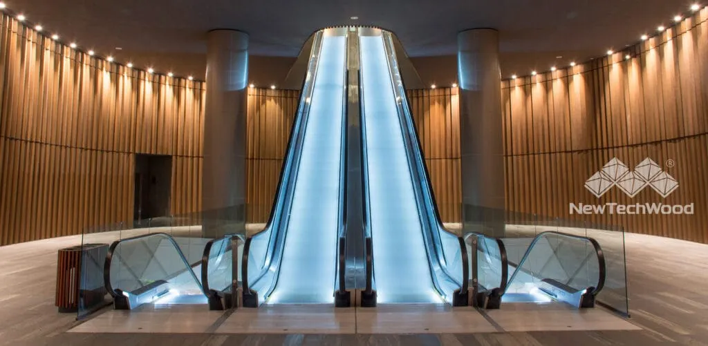 Composite ceiling above a lit escalator hall