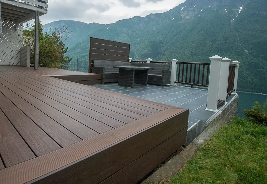 Deck and bench seating above a fjord