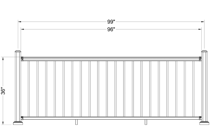 36″ high × 96″ panel — 99″ between post faces
