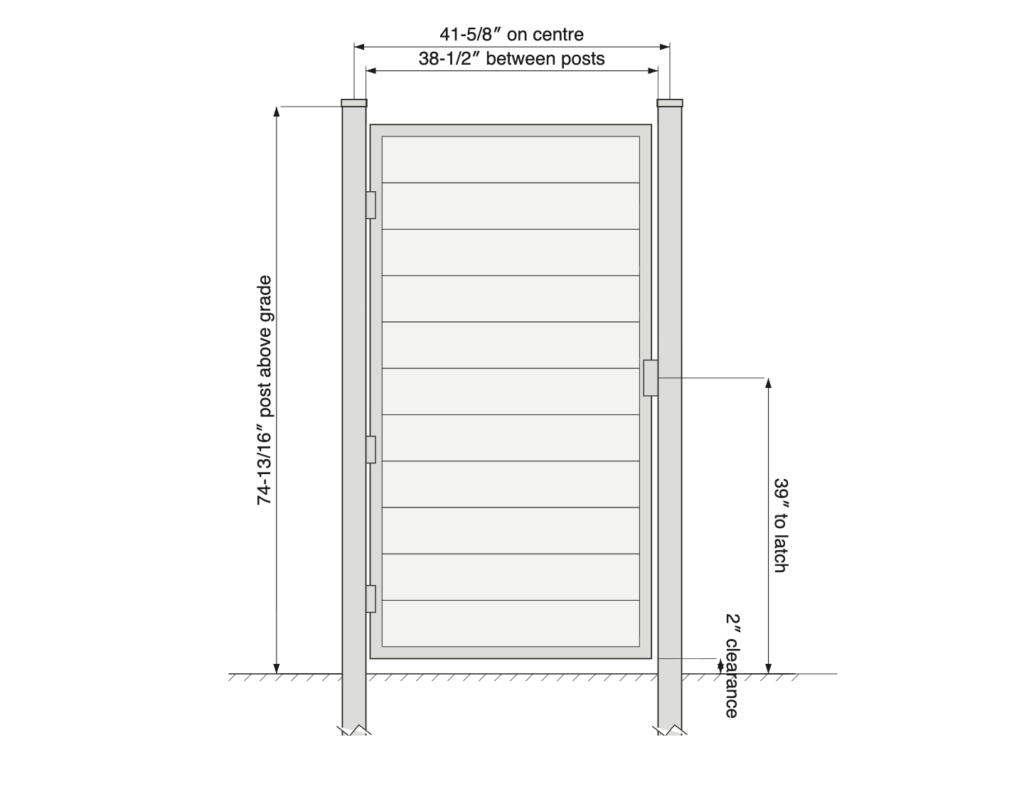 UltraEasy gate — 41-5/8″ post centres, 38-1/2″ clear opening, 74-13/16″ posts