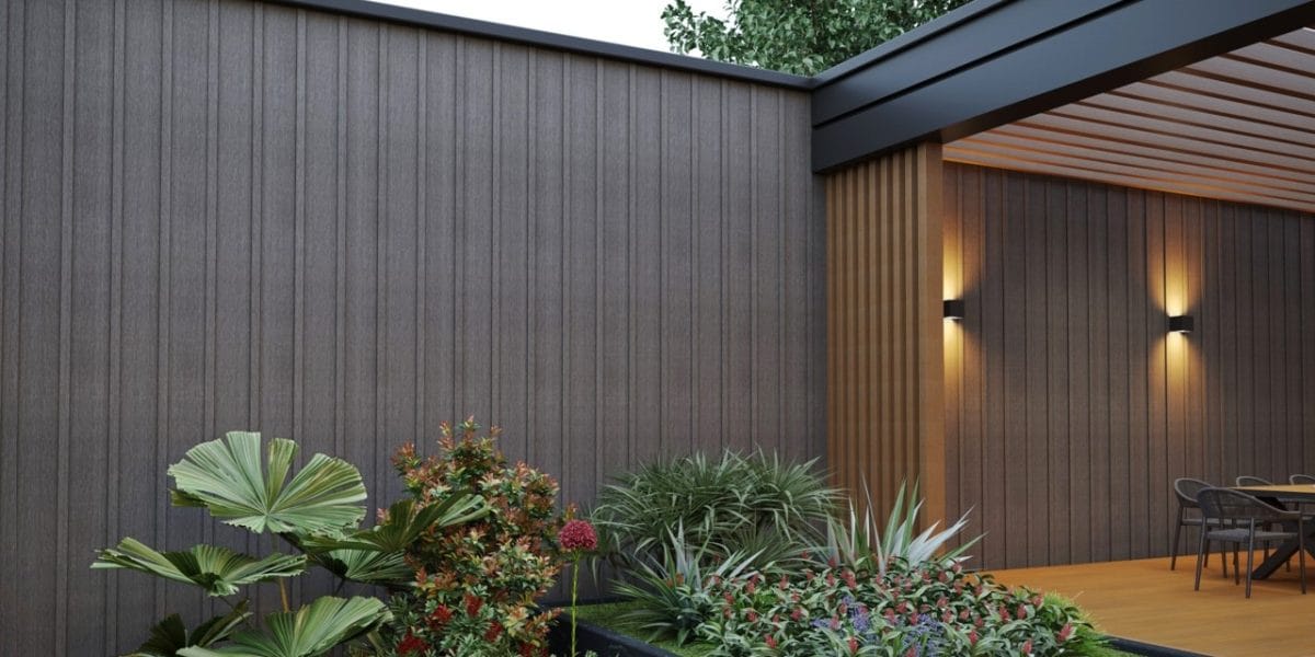 Dark Board and Batten siding with garden patio