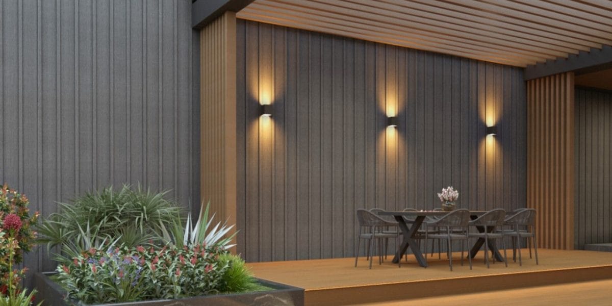 Board and Batten siding above a composite deck dining area