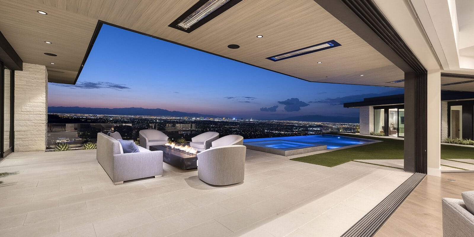 Luxury terrace at dusk with composite-clad soffit